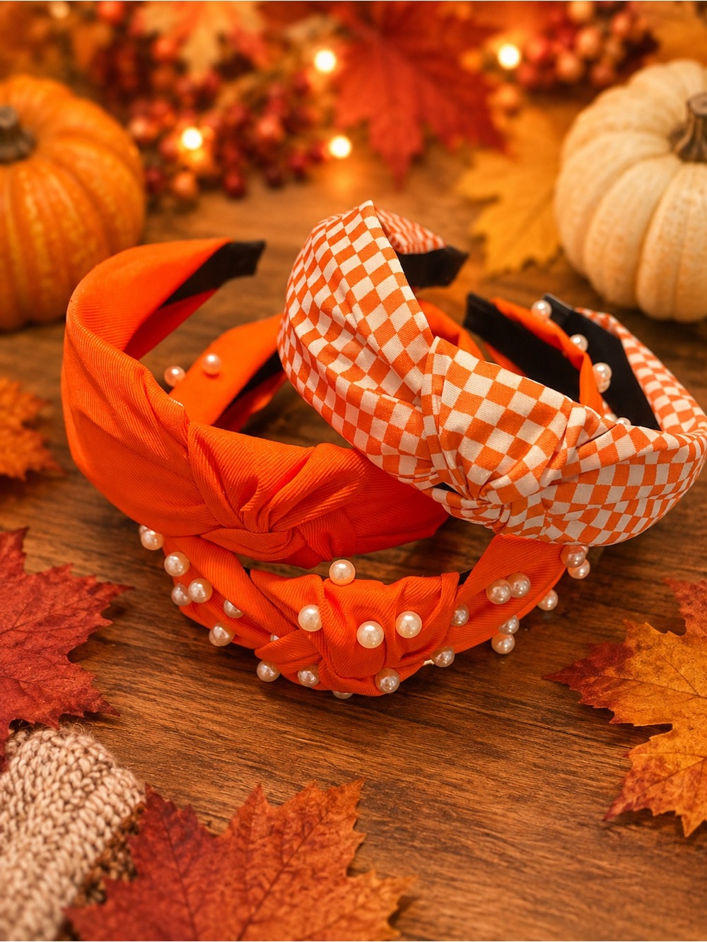 Orange Pearl & Checkered Knotted Headband Set